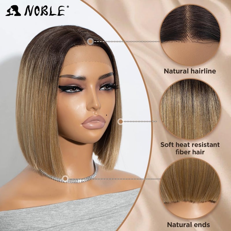 NOBLE Bob Wigs for Women Short T Part HD Lace Front Wigs Ombre Brown Blonde Synthetic Blunt Cut Bob Lace Front Wigs for Party and Daily Use 10 Inch - Image 2